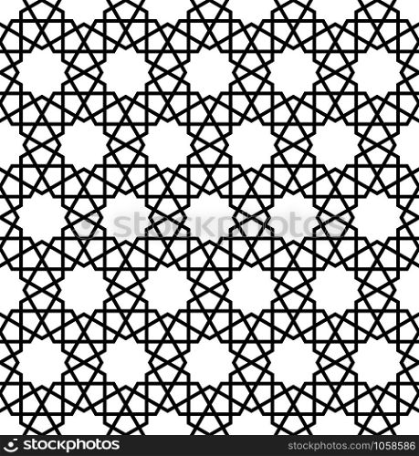 Seamless geometric ornament based on traditional arabic art. Muslim mosaic.Black and white lines.Great design for fabric,textile,cover,wrapping paper,background,laser cutting.Thick lines.. Seamless arabic geometric ornament in black and white.
