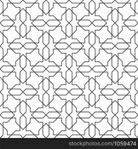 Seamless geometric ornament based on traditional arabic art. Muslim mosaic.Black and white lines.Great design for fabric,textile,cover,wrapping paper,background,laser cutting.Average lines.. Seamless arabic geometric ornament in black and white.
