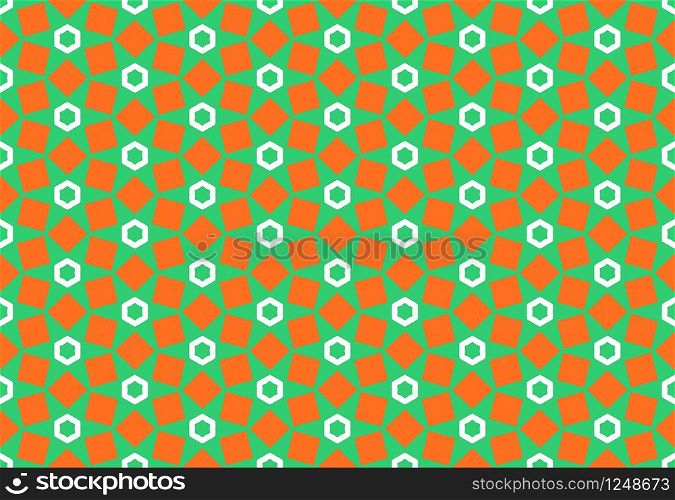 Seamless geometric pattern design illustration. Background texture. In green, orange and white colors.