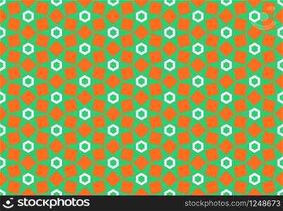Seamless geometric pattern design illustration. Background texture. In green, orange and white colors.