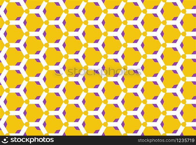 Seamless geometric pattern design illustration. Background texture. In yellow, purple and white colors.
