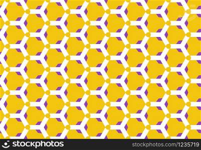 Seamless geometric pattern design illustration. Background texture. In yellow, purple and white colors.