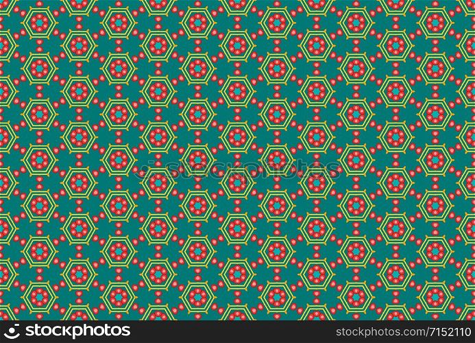 Seamless geometric pattern design illustration. In green, yellow and red colors.
