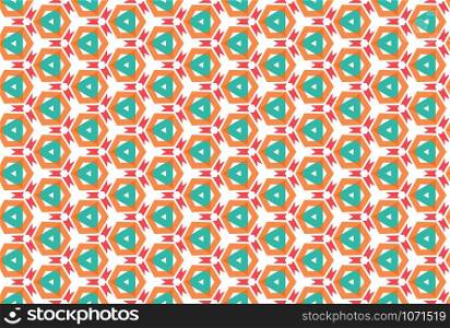 Seamless geometric pattern. In green, red and orange colors on white background.