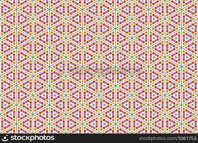 Seamless geometric pattern. In red, brown, pink, green, purple, grey, yellow and white colors.