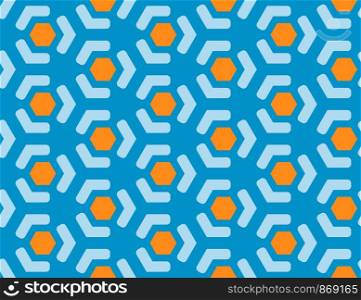 Seamless geometric pattern. Shaped orange hexagons and light blue lines on blue background.