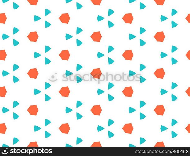 Seamless geometric pattern. Shaped orange hexagons and turquoise triangles on white background.