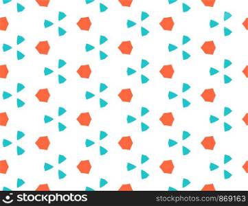 Seamless geometric pattern. Shaped orange hexagons and turquoise triangles on white background.