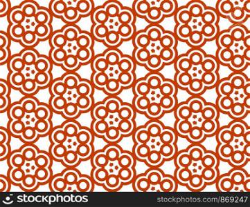 Seamless geometric pattern. Shaped red flowers, squares on white background.