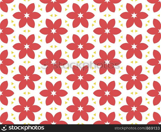 Seamless geometric pattern. Shaped red flowers, white stars and yellow triangles on white background.