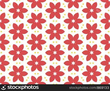Seamless geometric pattern. Shaped red flowers, white stars and yellow triangles on white background.