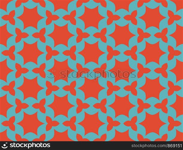 Seamless geometric pattern. Shaped red stars on turquoise background.
