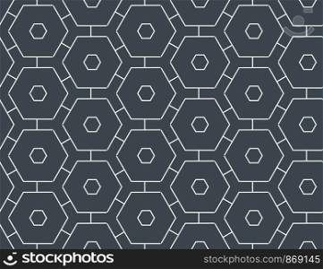 Seamless geometric pattern. Shaped white hexagons on black background.