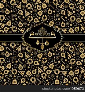 Seamless gold pattern of christmas texture icons on black background.. Seamless gold pattern of christmas texture icons