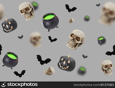 Seamless Halloween pattern. Halloween decoration on gray background. Pumpkin, bat, skull, deaths-head. Scary and spooky wallpaper, trick or treat, happy halloween. 3D rendering. Seamless Halloween pattern. Halloween decoration on gray background. Pumpkin, bat, skull, deaths-head. Scary and spooky wallpaper, trick or treat, happy halloween. 3D rendering.