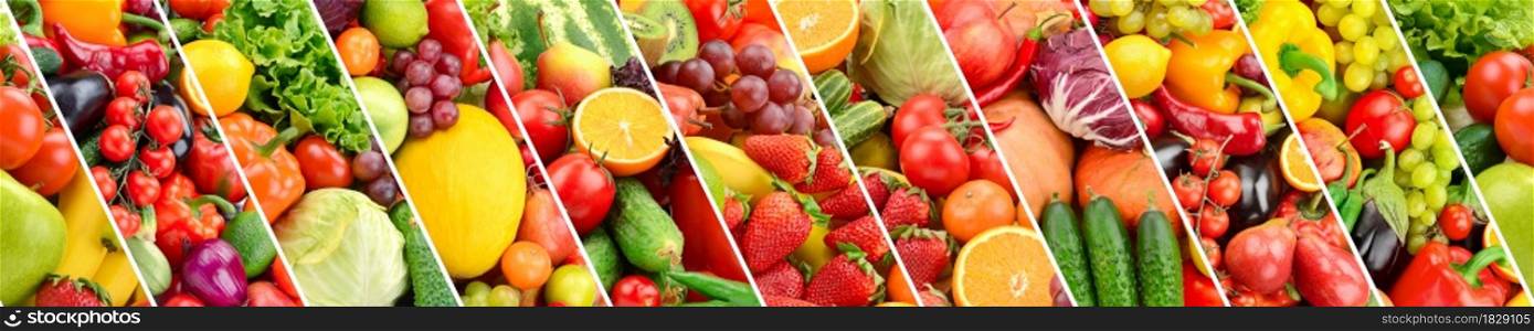 Seamless horizontal pattern bright multi-colored vegetables and fruits separated sloping vertical lines.