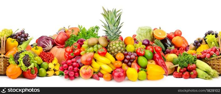 Seamless horizontal pattern colorful vegetables and fruits isolated on white background.