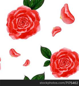 Seamless illustration of watercolor red roses and leaves of roses on a white background