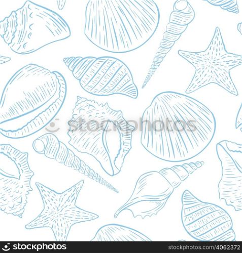 Seamless marine pattern with seashells vector illustration. Ocean gentle background. Blue clams on white background template for wallpaper, fabric and paper. Seamless marine pattern with seashells vector illustration