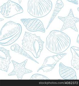 Seamless marine pattern with seashells vector illustration. Ocean gentle background. Blue clams on white background template for wallpaper, fabric and paper. Seamless marine pattern with seashells vector illustration