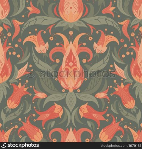 Seamless natural pattern with fantastic flowers in a row and foliage on a green background. Vintage floral boho ornament with bells, ribbons and leaves with decor for fabrics and wallpapers.. Seamless natural pattern with fantastic flowers in a row and foliage on a green background. Vintage floral boho ornament with bells, ribbons and leaves