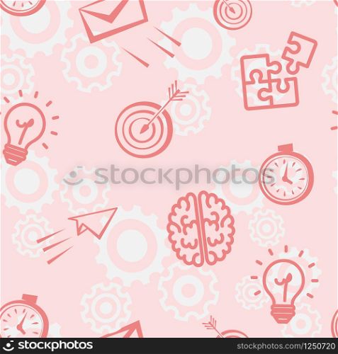 Seamless Office Attributes Pattern. Aim with Arrow, Cogwheels, Stopwatch, Lightbulb, Envelope, Paper Plane, Brain, Puzzle. Doodle Hand Drawn Style Vector Illustration On Pink and White Background.. Seamless Office Attribute Pattern Hand Drawn Style