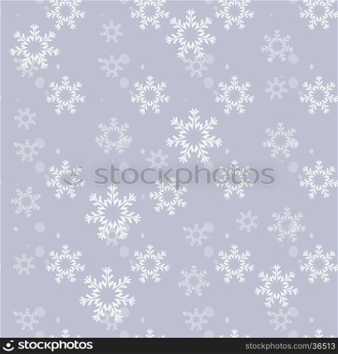 Seamless ornament in winter style. On a grey background depicts a variety of snowflakes.