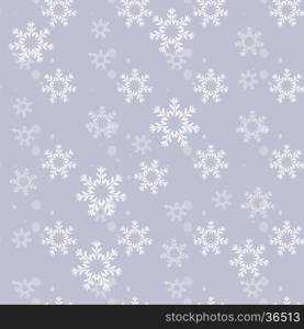 Seamless ornament in winter style. On a grey background depicts a variety of snowflakes.