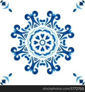 Seamless ornamental watercolor texture. Mandala seamless pattern from blue and white ornaments. Azulejo tile design style. Arabesque tiles. Abstract seamless ornamental watercolor arabesque tile pattern for fabric