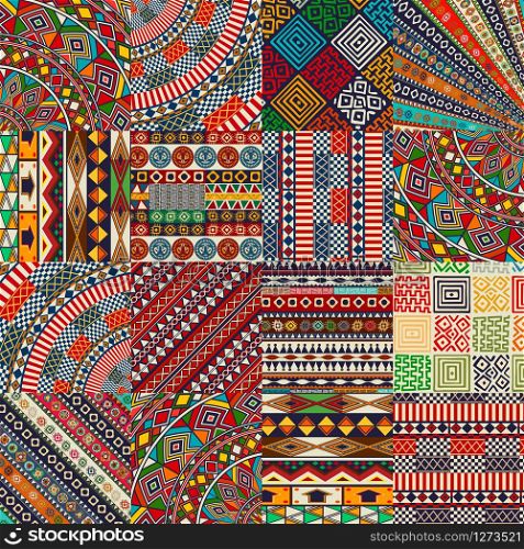 Seamless patchwork vector pattern with various motif, ornaments in colors