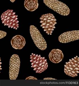 Seamless pattern. Acrylic drawing of cones on a black background. Realistic drawing. Botanical sketches. Vintage style. Element for design of cards, wrapping paper, scrapbooking, etc.