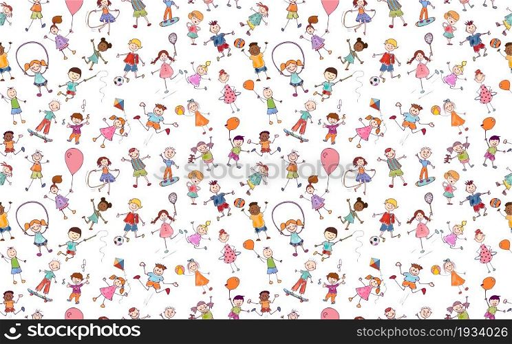 Seamless pattern active and joyful multicultural cute funny kids drawn in doodle style playing and jumping. Hand draw sketch Multiethnic kids. Kindergarten. Preschool. Nursery