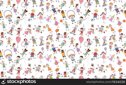 Seamless pattern active and joyful multicultural cute funny kids drawn in doodle style playing and jumping. Hand draw sketch Multiethnic kids. Kindergarten. Preschool. Nursery