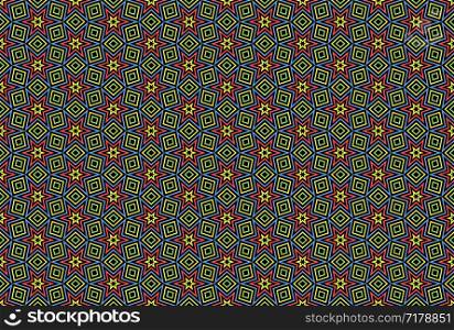 Seamless pattern. Black background and shaped stars and diamonds in green, yellow, blue and red colors.