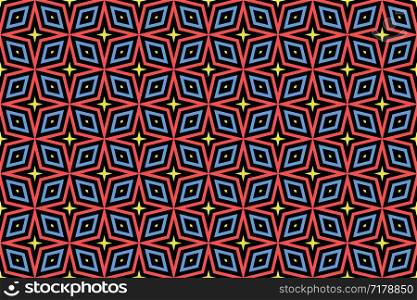 Seamless pattern. Black background and shaped stars and diamonds in yellow, red and blue colors.