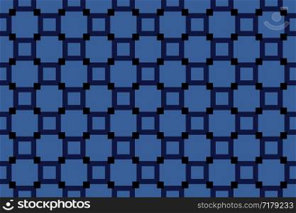 Seamless pattern. Blue background and shaped squares, big and small in light and dark blue and black colors.