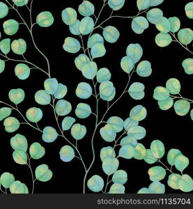 Seamless pattern. Botanical drawings with acrylic paints. Beautiful eucalyptus branches on a black background. Picturesque gentle wallpaper. Vintage style. Eucalypt realistic drawing.