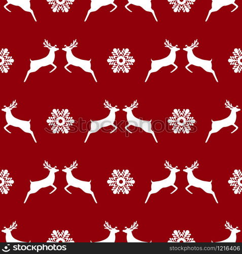 Seamless pattern, christmas reindeer and snowflakes on a red background. Seamless pattern, christmas reindeer and snowflakes
