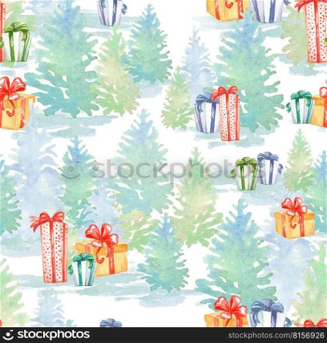 Seamless pattern Christmas tree winter forest and gifts background. Hand drawn watercolor illustration for New Year season. For print and design cards, wrapping paper, fabric, cover, banner, porcelain. Seamless pattern Christmas tree winter forest and gifts watercolor