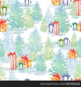 Seamless pattern Christmas tree winter forest and gifts background. Hand drawn watercolor illustration for New Year season. For print and design cards, wrapping paper, fabric, cover, banner, porcelain. Seamless pattern Christmas tree winter forest and gifts watercolor