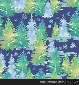 Seamless pattern Christmas tree winter forest on blue background. Hand drawn watercolor illustration for New Year season. For print and design cards, wrapping paper, fabric, cover, banner, porcelain.. Seamless pattern Christmas tree winter forest watercolor blue