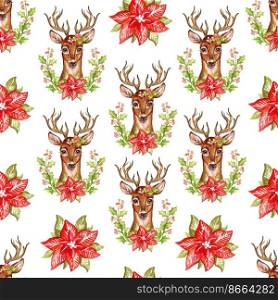 Seamless pattern close up deer in Christmas wreath. Hand drawn watercolor illustration for Christmas and New Year season. For print and design cards, wrapping paper, fabric, cover, banner, porcelain.. Seamless pattern deer with Christmas plants watercolor