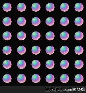 Seamless pattern colorful round shining nacre balls isolated on black background. Beautiful abstract luxury light sphere. Design can be used for textile, wrapping paper, banner