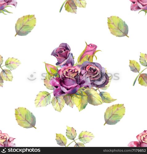 Seamless pattern. Dark rose flowers, green leaves. Flower poster, invitation. Watercolor compositions for greeting card or invitation design. Seamless pattern. Dark rose flowers, green leaves. Flower poster, invitation. Watercolor compositions for greeting card or invitation design.