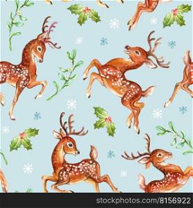 Seamless pattern deer with plants and snowflakes. Hand drawn watercolor illustration. Christmas and New Year concept. Blue background. For print, design, cards, wrapping paper, fabric, cover,porcelain. Seamless pattern deer with stars and Christmas plants watercolor blue