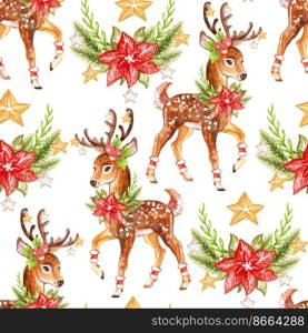 Seamless pattern deer with plants and stars. Hand drawn watercolor illustration. Christmas and New Year concept. White background. For print, design, cards, wrapping paper, fabric, cover, porcelain.. Seamless pattern deer with stars and Christmas plants watercolor
