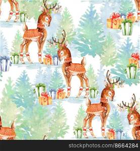 Seamless pattern deers in Christmas tree forest. Hand drawn watercolor illustration for Christmas and New Year season. For print and design cards, wrapping paper, fabric, cover, banner, porcelain.. Seamless pattern deers in Christmas tree forest watercolor