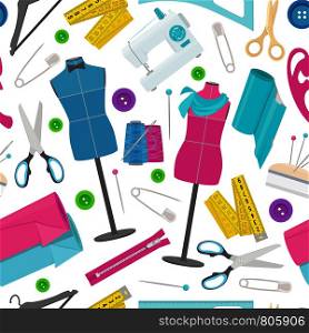 Seamless pattern for tailor shop with different sewing tools. Background needlework tools, thread and needle. Vector illustration. Seamless pattern for tailor shop with different sewing tools