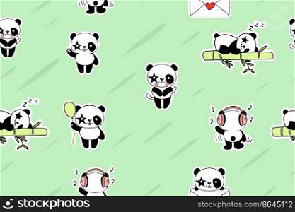 Seamless pattern friendly cute panda. Hand drawn vector icon. Illustration in modern style for clothing, print, labels. Green background with bamboo leaves.. Seamless pattern friendly cute panda. Hand drawn vector icon. Illustration in modern style for clothing, print, labels. Green background