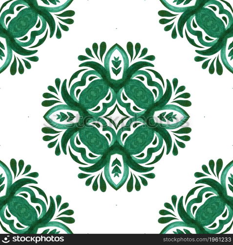 Seamless pattern handdrawn watercolor ornament green and white with decorative elements. Tile design.. Abstract seamless ornamental watercolor arabesque paint tile pattern for fabric